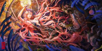 1girl armpits arms_up artist_logo bare_arms black_dress black_hands black_veil blue_eyes blue_veil breasts brown_background centauroid chimera colored_extremities dress dutch_angle feet_out_of_frame floating_hair gem highres logo long_hair medium_breasts monster_girl munjilly nautika_(reverse:1999) no_bra parted_lips pink_gemstone pink_hair plunging_neckline reverse:1999 solo strapless strapless_dress talons taur two-tone_veil veil very_long_hair