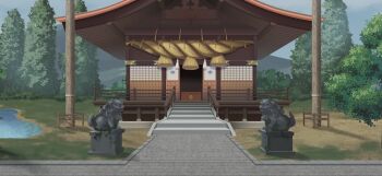 architecture box day donation_box east_asian_architecture game_cg komainu lake moriya_shrine no_humans non-web_source official_art onbashira outdoors path road rope scenery shimenawa shrine stairs touhou touhou_gensou_eclipse tree