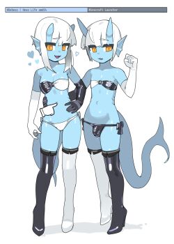 1boy 1girl asymmetrical_footwear asymmetrical_gloves bandeau black_footwear black_gloves blue_skin boots breasts brother_and_sister bulge chikuwa_fan973 colored_skin commentary disembodied_hand elbow_gloves english_commentary engrish_commentary fins gloves head_fins high_heel_boots high_heels highres horns medium_breasts mismatched_footwear mismatched_gloves orange_eyes original outie_navel panties short_hair_with_long_locks siblings side-tie_panties skin-covered_horns tail thigh_boots trap two-tone_bandeau underwear white_footwear white_gloves white_hair