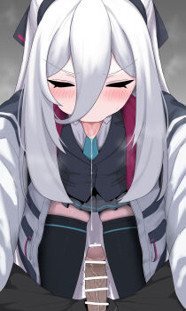 1boy 1girl bar_censor black_hairband black_thighhighs blue_archive censored closed_eyes erection hair_between_eyes hairband hetero highres jacket kei_(blue_archive) kei_(student)_(blue_archive) long_hair open_clothes open_jacket penis pov saliva saliva_trail skindentation solo_focus thighhighs tongue tongue_out unamaso white_hair white_jacket