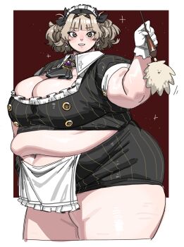 1girl apron ascot belly big_belly black_bow black_shirt black_shorts blush bow breasts brown_eyes brown_hair cellulite chest_jewel cleavage cleavage_cutout clothing_cutout collared_shirt cross cross_earrings duster earrings fat fat_rolls fat_woman feather_duster from_side gem hair_bow holding holding_duster jewelry large_breasts lips maid maid_headdress midriff navel obese original pinstripe_pattern red_background shirt short_hair short_shorts shorts skindentation smile solo thick_arms thick_thighs thighs tight_clothes utoka white_apron