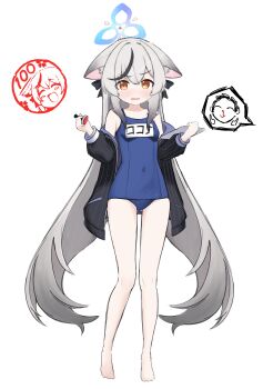 1boy 1girl absurdres alternate_costume animal_ears barefoot black_hair black_jacket blue_archive blue_halo blue_one-piece_swimsuit blush breasts collarbone covered_navel doodle_sensei_(blue_archive) full_body grey_hair halo highres holding jacket kokona_(blue_archive) long_hair long_sleeves looking_at_viewer multicolored_hair name_tag noiriririri off_shoulder old_school_swimsuit one-piece_swimsuit open_clothes open_jacket open_mouth orange_eyes school_swimsuit sensei_(blue_archive) simple_background small_breasts solo spoken_character standing streaked_hair swimsuit tiger_ears tiger_girl very_long_hair white_background