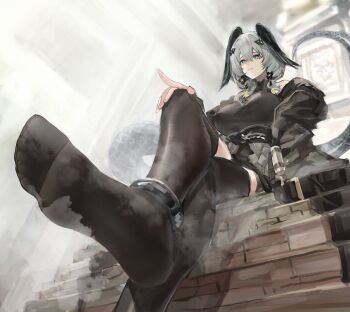 1girl absurdres arknights crossed_legs feet grey_eyes grey_hair hand_on_own_knee head_wings highres ho&#039;olheyak_(arknights) long_hair looking_at_viewer parted_lips see-through_clothes see-through_legwear soles steam tail thighhighs tiansuo_haoer toes wings