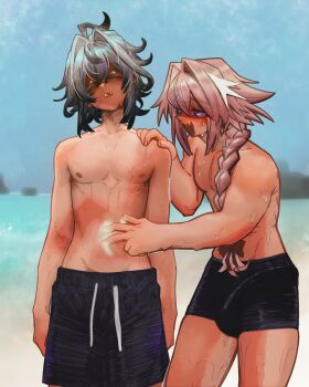 2boys absurdres ahoge astolfo_(fate) beach bite_mark black_hair blush braid commentary english_commentary fang fate/apocrypha fate_(series) gradient_hair grey_hair hair_intakes hand_on_another's_shoulder hand_on_another's_stomach highres huge_ahoge hyacihyaci lightning_ahoge long_hair medium_hair multicolored_hair multiple_boys pectorals pink_hair purple_eyes sieg_(fate) single_braid skin_fang standing sunburn sweatdrop tan thick_thighs thighs toned toned_male trap water wet
