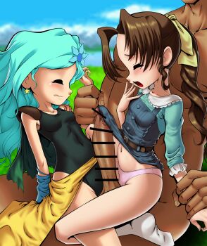 1boy 2girls absurdres aerith_gainsborough aged_down bar_censor belt black_leotard blue_dress blue_hair blue_shirt blush bow breasts brown_hair cape censored closed_eyes clothed_female_nude_male clothes_lift cloud commentary cooperative_grinding covered_navel crossover dark-skinned_male dark_skin dress dress_lift earrings english_commentary erection final_fantasy final_fantasy_iv final_fantasy_vii grabbing_another&#039;s_arm green_cape grinding hair_bow hair_ornament hand_to_own_mouth head_out_of_frame highres jewelry leotard lifting_another&#039;s_clothes loli long_hair mago-negro moaning multiple_girls navel no_shoes nude open_mouth outdoors panties penis pink_panties ponytail ribbon rydia_(ff4) rydia_(young)_(ff4) sarong shirt sitting sitting_on_lap sitting_on_person sky small_breasts socks star_(symbol) star_earrings stomach teamwork_(sexual) thighs underwear white_socks yellow_sarong