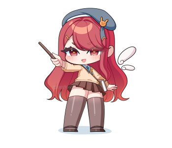 1girl ashur_(trickcal) beret blush book brown_shoes brown_skirt brown_sweater brown_thighhighs cardigan chibi chibi_only collared_shirt commentary cross-shaped_pupils detached_wings english_commentary full_body grey_hat grey_necktie hair_ornament hairclip hat hat_ornament highres holding holding_wand long_hair long_sleeves looking_at_viewer necktie open_mouth pleated_skirt red_eyes red_hair rynzfrancis shirt shoes simple_background skirt smile solo sweater symbol-shaped_pupils thighhighs trickcal wand white_background white_shirt white_wings wings