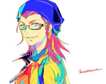 1boy beanie blue_hat braid braided_sidelock commentary_request danganronpa_(series) danganronpa_2:_goodbye_despair glasses hat jumpsuit kuru_(kzyr) limited_palette looking_at_viewer male_focus mullet neon_palette pink_eyes pink_hair portrait semi-rimless_eyewear sharp_teeth simple_background sketch smile soda_kazuichi solo teeth under-rim_eyewear v-bangs white_background yellow_jumpsuit