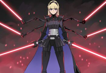 1girl am_(star_wars) armor black_gloves black_hairband black_pantyhose black_skirt blonde_hair blunt_bangs boots braid breasts cape ear_piercing earrings energy_sword fog gloves hairband highres holding holding_sword holding_weapon jewelry jourd4n lightsaber medium_breasts open_clothes open_skirt pantyhose piercing purple_cape purple_eyes red_lightsaber shoulder_armor skirt smog solo star_wars star_wars:_visions staring sword thigh_boots weapon