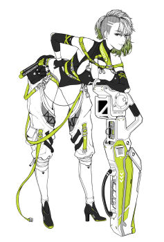 1girl arm_behind_back armor armpits arms_up asymmetrical_hair belt black_bra black_collar black_eyes black_leotard black_suit bodysuit boots bow bra bracelet breast_hold breast_press breasts breasts_out cleavage collar covered_navel dog_tags elbow_gloves explosive eyelashes fingerless_gloves fluorescent_lamp formal_clothes full_body gloves green_hair grenade greyscale groin hancho_xo hand_on_own_ass hands_on_own_breasts hands_on_own_hips high_heel_boots high_heels highleg highleg_leotard highres hip_bones huge_weapon jewelry large_breasts leaning leaning_forward leaning_on_object leotard lineart logo looking_at_viewer lowleg mecha mechanical medium_hair military mole mole_on_body mole_on_breast mole_on_shoulder monochrome multicolored_hair navel necklace net off_shoulder original pants robot rocket_launcher sagging_breasts science_fiction short_hair sidecut simple_background sketch skindentation sleeveless sleeveless_turtleneck solo sports_bikini sports_bra sportswear spot_color standing strap suit swimsuit thighs turtleneck two-tone_hair undercut underwear weapon white_background white_hair