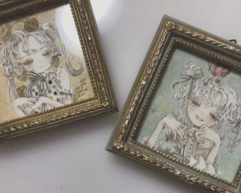 2girls :< acrylic_paint_(medium) apple blush bow commentary_request curly_hair detached_sleeves flower food frills fruit hair_ornament highres jewelry karintoun long_hair looking_at_viewer medium_hair multiple_girls original painting_(medium) pale_skin photo_(medium) polka_dot portrait red_nails ribbon signature simple_background sleeveless smile traditional_media watercolor_(medium) wavy_hair white_hair yellow_eyes