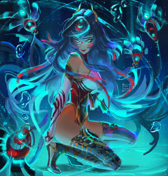 1girl artist_name blue_eyes blue_hair breasts closed_mouth commentary commission english_commentary highres large_breasts long_hair looking_at_viewer original paid_reward_available red_lips smile solo squatting tatti_art