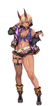 1girl absurdres animal_print belt black_choker black_jacket black_shorts blonde_hair boots bra breasts choker cutoffs earrings fate/grand_order fate_(series) female_pubic_hair fishnet_thighhighs fishnets gyaru highleg highleg_panties highres holding holding_phone hoop_earrings horn_ornament horn_ring horns jacket jewelry leopard_print leopard_print_bra leopard_print_panties micro_shorts multicolored_hair multiple_rings navel navel_piercing one_eye_closed open-toe_boots open_clothes open_fly open_jacket panties phone piercing print_bra print_jacket print_panties pubic_hair pubic_hair_peek purple_eyes purple_hair ring romulproduce shorts shuten_douji_(fate) single_thighhigh small_breasts smile solo tan thighhighs tongue_piercing two-tone_hair underwear white_belt