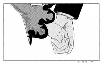 1girl border close-up commentary_request dated greyscale hand_size_difference holding_hands kawashina_(momen_silicon) long_sleeves monochrome out_of_frame rice_shower_(rosy_dreams)_(umamusume) rice_shower_(umamusume) signature simple_background umamusume white_background white_border wide_sleeves