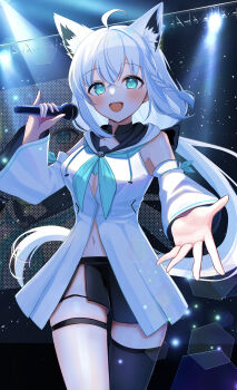 1girl absurdres ahoge animal_ear_fluff animal_ears black_bow black_shorts black_thighhighs blue_neckerchief blush bow braid commentary_request detached_sleeves earrings extra_ears fox_ears fox_girl fox_tail green_eyes hair_between_eyes hair_bow highres holding holding_microphone hololive hood hoodie jewelry katouomochi light_particles long_hair looking_at_viewer microphone midriff navel neckerchief open_mouth outstretched_arm shirakami_fubuki shirakami_fubuki_(1st_costume) short_shorts shorts sidelocks single_braid single_thighhigh solo stage tail thigh_strap thighhighs virtual_youtuber white_hair white_hoodie