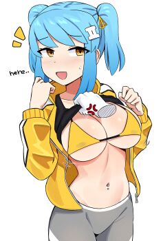 1girl absurdres anger_vein assisted_exposure bikini bikini_under_clothes black_shirt blue_hair blush breasts cleavage clothes_lift collarbone cowboy_shot crop_top disembodied_hand english_text grey_pants hair_ornament highres ii_(peps_art) jacket large_breasts looking_to_the_side micro_bikini navel navel_piercing open_mouth original pants peps_art piercing shirt shirt_lift short_twintails sideboob sidelocks simple_background smile solo swept_bangs swimsuit tight_clothes tight_pants track_jacket twintails twitter_strip_game underboob undressing_another white_background yellow_bikini yellow_eyes yellow_jacket