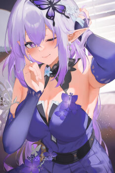 1girl armpits breasts bug butterfly butterfly_hair_ornament castorice_(gossamer_flutter)_(honkai:_star_rail) castorice_(honkai:_star_rail) cleavage commentary detached_sleeves dress earrings hair_ornament honkai:_star_rail honkai_(series) insect jewelry large_breasts long_hair looking_at_viewer official_alternate_costume one_eye_closed pointy_ears purple_butterfly purple_dress purple_eyes purple_hair purple_sleeves smile solo strapless strapless_dress untranslatable_commentary zinkaa