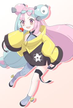 1girl :d absurdres bow-shaped_hair character_hair_ornament commentary grey_pantyhose grey_shirt grey_shoes hair_ornament hand_up happy highres iono_(pokemon) jacket kuma_king long_hair long_sleeves multicolored_hair nintendo open_mouth outline pantyhose pokemon pokemon_sv shirt shoes single_leg_pantyhose sleeves_past_fingers sleeves_past_wrists smile solo star_(symbol) star_print teeth twintails two-tone_hair upper_teeth_only yellow_jacket