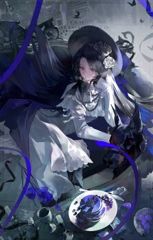 1girl absurdres black_bow black_hair blue_flower bow candle cup dog dress flower hat highres looking_at_viewer original pengren_siya purple_eyes sitting table white_dress white_flower