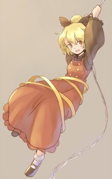 1girl :d black_bow black_shirt black_shoes blonde_hair blush bow brown_dress buttons commentary_request dress full_body hair_bow hair_bun hanging_on holding holding_string kurodani_yamame long_sleeves one-hour_drawing_challenge open_mouth orange_eyes rangycrow shirt shoes sideways_glance smile socks solo spider_thread string touhou white_socks