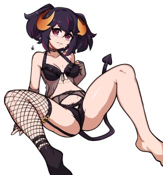 1girl black_bra black_choker black_garter_belt black_panties black_socks bra breasts choker closed_mouth collarbone commentary commission demon_girl demon_horns demon_tail english_commentary fishnet_thighhighs fishnets full_body garter_belt hair_between_eyes highres horns looking_at_viewer medium_breasts multicolored_hair oninuer original panties purple_eyes purple_hair purple_streaks short_hair simple_background single_sock single_thighhigh socks solo spread_legs streaked_hair sweat tail thighhighs underwear underwear_only white_background