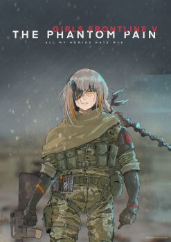 Rule 34 | 1girl, braid, cosplay, eyepatch, freshprincejune, girls' frontline, highres, long hair, m16, m16a1, m16a1 (boss) (girls' frontline), m16a1 (girls' frontline), metal gear (series), metal gear solid v: the phantom pain, multicolored hair, parody, solo, streaked hair, trait connection, venom snake, venom snake (cosplay), very long hair