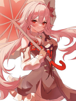 1girl black_dress breasts closed_mouth cowboy_shot dress earrings evernight_(honkai:_star_rail) flower hair_flower hair_ornament highres holding holding_umbrella honkai:_star_rail honkai_(series) jewelry looking_at_viewer march_7th_(honkai:_star_rail) medium_breasts official_alternate_design official_alternate_eye_color official_alternate_hair_length official_alternate_hairstyle red_eyes rumi_(xafv5772) short_dress simple_background single_bare_shoulder single_earring smile solo umbrella white_background