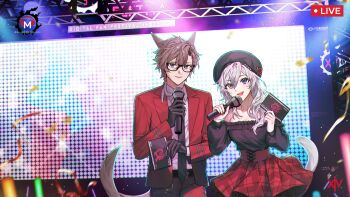 1boy 1girl :d animal_ears bamcream black-framed_eyewear black_hat black_necktie blue_eyes breasts brown_hair brown_shirt cleavage closed_mouth collared_shirt commentary commission confetti cowboy_shot english_commentary final_fantasy final_fantasy_xiv glasses hat highres holding holding_microphone jacket long_hair long_sleeves looking_at_viewer male_focus microphone miqo&#039;te necktie off-shoulder_shirt off_shoulder open_clothes open_jacket open_mouth pants plaid_clothes plaid_skirt red_jacket red_pants red_skirt shirt short_hair skirt smile stage tail white_hair white_shirt