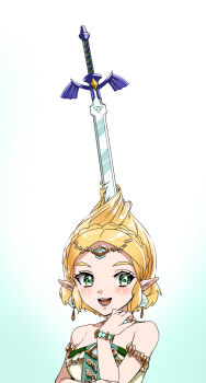 1girl armlet bare_shoulders blonde_hair bracelet braid circlet commentary_request crown_braid dress earrings green_eyes green_trim highres jewelry master_sword nintendo open_mouth pointy_ears princess_zelda short_hair smile solo spoilers strapless strapless_dress teeth the_legend_of_zelda the_legend_of_zelda:_tears_of_the_kingdom upper_body wasabi_(legemd) what white_dress