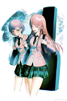 2girls :d ^_^ absurdres artist_name bag bang_dream! bang_dream!_it's_mygo!!!!! black_bag blazer bob_cut buttons caustics chihaya_anon closed_eyes closed_mouth collared_shirt cool_colored cropped_legs dress_shirt expressionless bad_tag green_necktie green_skirt grey_eyes grey_hair grey_jacket guitar_case hands_up haneoka_school_uniform highres holding_hands holding_strap instrument_case interlocked_fingers jacket lapels long_hair multiple_girls necktie notched_lapels open_mouth pink_hair plaid_clothes plaid_skirt pleated_skirt poisonfire666 school_bag school_uniform shirt shoulder_bag side-by-side skirt smile straight_hair takamatsu_tomori thighs walking watermark weibo_watermark white_background white_shirt winter_uniform