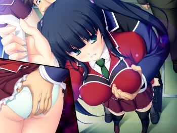 1boy 1girl ass black_hair blazer blush breasts chikan clenched_teeth clothes_lift from_above game_cg grabbing_another's_breast grabbing_from_behind green_eyes groping hetero imminent_rape jacket kurasawa_anzu large_breasts large_variant_set long_hair molestation multiple_boys necktie nerawareta_megami_tenshi_angel_tear non-web_source official_art panties school_uniform shoes skirt skirt_lift teeth thighhighs train_interior tsukumo_kazuita twintails underwear variant_set white_panties