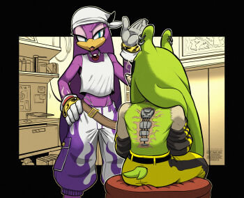 2girls animal_ear_piercing animal_ears aqua_eyes artist_name baggy_pants bandana beak belt bracelet brown_belt clothing_cutout commentary english_commentary english_text film_grain flame_print furry furry_female gemlik_rogue gloves gold_bracelet green_fur green_hair hand_on_own_hip highres indoors jewelry long_hair looking_at_another mechabare midriff multiple_girls open_mouth panties pants panty_straps print_pants purple_fur purple_hair purple_pants sitting sonic_(series) sonic_riders sonic_riders_(series) sonic_the_hedgehog_(idw) surge_the_tenrec tail tail_through_clothes tank_top two-tone_pants underwear undressing wave_the_swallow white_bandana white_gloves white_panties white_pants white_tank_top yellow_pants