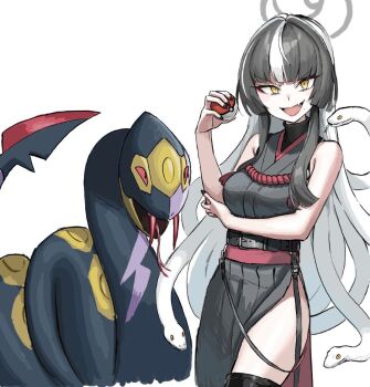 1girl arm_under_breasts azami_(blue_archive) black_hair black_kimono black_thighhighs blue_archive blunt_bangs commentary_request fang gen_3_pokemon gisuta_sunshine grey_halo halo holding holding_poke_ball japanese_clothes kimono long_hair looking_at_viewer multicolored_hair nintendo open_mouth orange_eyes poke_ball pokemon pokemon_(creature) seviper simple_background skin_fang sleeveless sleeveless_kimono snake_hair solo standing thighhighs two-tone_hair v-shaped_eyebrows white_background white_hair