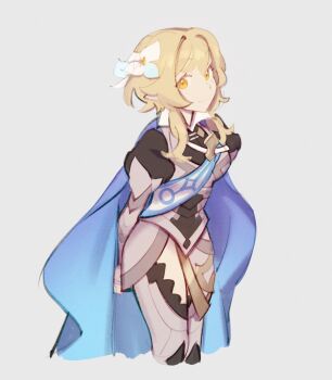 1girl alternate_costume blonde_hair blue_cape breasts cape closed_mouth cosplay cropped_legs dress female_corrin_(fire_emblem) female_corrin_(fire_emblem)_(cosplay) fire_emblem fire_emblem_fates flower genshin_impact hair_between_eyes hair_flower hair_ornament highres lilyglazed looking_at_viewer lumine_(genshin_impact) medium_breasts nintendo short_hair_with_long_locks smile solo standing thighs yellow_eyes