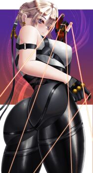 1girl absurdres ass ass_focus bare_shoulders blonde_hair blue_eyes blush breasts evelyn_chevalier from_behind from_below gloves hair_bun hair_ornament highres huge_ass large_breasts looking_at_viewer looking_down misherudraw pants parted_lips short_hair_with_long_locks sideboob smile solo thick_thighs thighs wire zenless_zone_zero