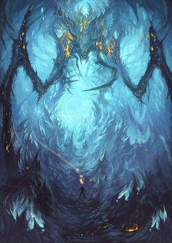 Rule 34 | 1boy, alien, battle, cave, cyl1981, highres, male focus, monster, original, size difference, solo