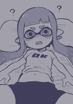 1girl ? bike_shorts black_shorts blunt_bangs blush clothes_lift commentary eyebrows fang fangs female_focus greyscale highres inkling inkling_girl inkling_player_character loli long_hair looking_at_viewer lying mask midriff monochrome navel nintendo on_back pointy_ears purple_theme shiromanta shirt shirt_lift shorts solo splatoon_(series) spread_legs squid t-shirt tentacle_hair