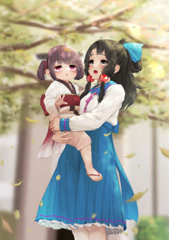 2girls alternate_costume alternate_hair_color bad_id bad_pixiv_id black_hair blue_sailor_collar blue_skirt blurry blurry_background blush brown_hair carrying child_carry commentary_request day falling_leaves feet_out_of_frame headgear highres japanese_clothes kimono leaf long_hair long_sleeves looking_up multiple_girls ne_an_ito obi open_mouth outdoors pleated_skirt ponytail red_eyes sailor_collar sandals sash shirt short_hair short_twintails siblings sidelocks sisters skirt smile standing touhoku_itako touhoku_kiritan tree twintails voiceroid white_eyes white_kimono white_shirt zouri