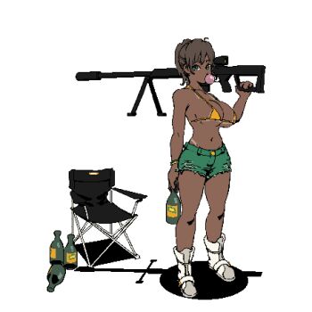 1girl bikini_top boots bottle chair chewing_gum dark_skin green_eyes green_shorts gun highres holding holding_weapon looking_at_viewer original ponytail rifle short_hair shorts simple_background sniper_rifle solo sunflowerpot tan weapon white_background white_boots