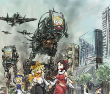 1boy 6+girls aircraft airplane akane_(cookie) atouda_ako_(character) black_capelet black_dress black_eyes black_headwear black_skirt blonde_hair blue_bow blue_eyes blue_headwear blue_shirt blue_skirt blush_stickers bow breasts bright_pupils brown_hair building bus capelet car city cleavage cleavage_cutout clothing_cutout commentary_request cookie_(touhou) cowboy_shot detached_sleeves dress fighter_jet fleeing hakurei_reimu hat hat_bow kirisame_marisa kohaku_(cookie) large_breasts long_hair looking_at_another looking_back machine medium_breasts medium_hair meguru_(cookie) military military_vehicle motor_vehicle multiple_girls open_mouth orange_bow orange_hair orange_scarf purple_bow red_bow red_shirt red_skirt robot ruka_(cookie) running scarf shiromiya_rei shirt short_hair skirt skyscraper sleeve_bow sleeveless sleeveless_shirt smoke star_(symbol) touhou white_pupils white_shirt white_sleeves witch_hat yma yuuhi_(cookie)