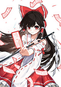 1girl absurdres between_fingers blush bow brown_hair chinese_commentary closed_mouth commentary_request detached_sleeves frilled_bow frilled_hair_tubes frilled_skirt frills gohei hair_bow hair_tubes hakurei_reimu highres holding holding_gohei long_hair looking_at_viewer ofuda ofuda_between_fingers red_bow red_eyes red_skirt ribbon-trimmed_sleeves ribbon_trim simple_background skirt skirt_set smile solo touhou white_background xin_sanmu