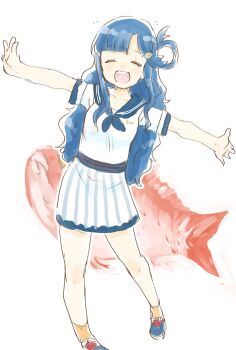 1girl asari_nanami blue_footwear blue_hair blue_neckerchief blue_sailor_collar breasts carp closed_eyes commentary_request fish_hair_ornament hair_ornament hairclip hanimaru_(h@nimaru) highres idolmaster idolmaster_cinderella_girls legs long_hair medium_breasts neckerchief open_mouth orange_socks outstretched_arms sailor_collar shirt short_sleeves sidelocks skirt smile socks solo standing striped_clothes striped_skirt teeth upper_teeth_only vertical-striped_clothes vertical-striped_skirt wavy_hair white_background white_shirt white_skirt