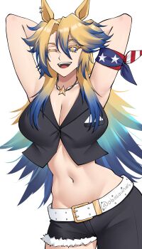 1girl absurdres american_flag american_flag_print animal_ears arms_behind_head asymmetrical_pants bandana_around_arm bare_shoulders belt black_pants black_shirt blonde_hair blue_eyes blue_hair breasts cleavage collarbone flag_print highres horse_ears horse_girl jewelry large_breasts long_hair looking_at_viewer midriff multicolored_hair navel necklace obey_your_master_(umamusume) obosounds one_eye_closed open_mouth pants shirt sleeveless sleeveless_shirt smile solo star-shaped_pupils star_(symbol) star_necklace stomach symbol-shaped_pupils teeth two-tone_hair umamusume umamusume:_cinderella_gray upper_teeth_only white_belt