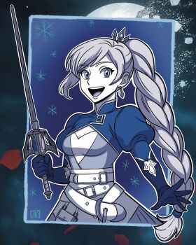 1girl absurdres belt blue_eyes blue_gloves braid breasts broken_moon cleavage_cutout clothing_cutout commentary earrings elbow_gloves english_commentary eyelashes gloves highres holding holding_sword holding_weapon jdofasgard jewelry limited_palette long_hair moon multiple_belts myrtenaster open_mouth outline puffy_sleeves rapier red_petals rwby single_braid smile snowflakes solo sword teeth upper_teeth_only weapon weiss_schnee white_belt white_hair white_outline