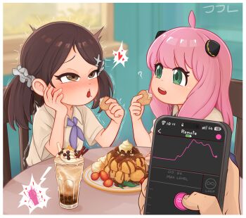 1other 2girls ? ahoge anya_(spy_x_family) becky_blackbell blush brown_eyes brown_hair cellphone dessert food fruit hairpods hetero highres ice_cream loli long_hair moaning multiple_girls oscarlllll overalls phone pink_hair remote_control_vibrator rolling_eyes sex_toy shirt short_twintails sitting spy_x_family strawberry trembling twintails vibrator