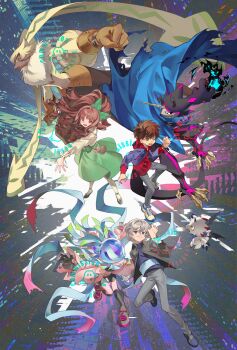 2boys 4girls absurdres black_fire black_pants black_sclera black_shorts blue_fire blue_jacket brown_hair colored_sclera colored_skin commission digimon digimon_(creature) digimon_ghost_game dragon eyelashes fire gammamon green_eyes green_skirt grey_hair grey_jacket group_picture gulusgammamon hashtag-only_commentary highres hood hooded_jacket hoodie horns jacket long_hair multiple_boys multiple_girls one_eye_closed pants pink_skin purple_eyes red_hoodie short_hair shorts single_horn skirt ssbaby symbareangoramon teslajellymon triceratops vital_bracelet