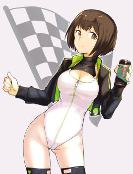 1girl absurdres alice_gear_aegis black_jacket black_thighhighs booth_babe breasts brown_eyes brown_hair can checkered_flag circle_cutout cleavage cleavage_cutout clothing_cutout commentary_request companion/af covered_collarbone drink_can eromusu flag front_zipper full-length_zipper heattech_leotard highleg highleg_leotard highres jacket leotard looking_at_viewer medium_breasts multicolored_leotard race_queen short_hair solo suga_itsuri thighhighs turtleneck two-tone_leotard white_leotard zipper zipper_leotard zipper_pull_tab