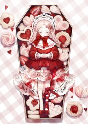 Rule 34 | 1girl, absurdres, ambiguous red liquid, bow, box, braid, closed eyes, coffin, commentary request, cookie, dress, food, frilled dress, frills, fruit, full body, hair bow, heart, heart-shaped cookie, highres, hitoba, in box, in container, interlocked fingers, jam, lace, lace-trimmed dress, lace trim, leg ribbon, long hair, long sleeves, lying, on back, original, red bow, red dress, red footwear, red ribbon, red theme, ribbon, shoes, solo, straight-on, strawberry, strawberry slice, thumbprint cookie, twin braids