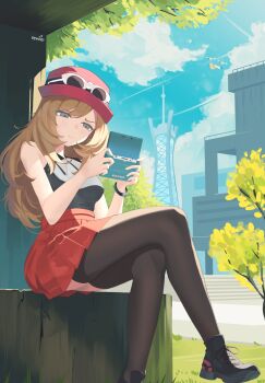 1girl bird black_shirt black_thighhighs blonde_hair blue_sky breasts cloud crossed_legs day eyewear_on_headwear flying gen_3_pokemon grey_eyes handheld_game_console hat highres long_hair nintendo nintendo_3ds on_tree_stump outdoors parted_lips pelican pelipper pink_hat pokemon pokemon_(creature) pokemon_xy prism_tower red_hat red_skirt revvie seagull serena_(pokemon) shirt shoes sitting skirt sky sleeveless sleeveless_shirt sunglasses thighhighs tree tree_stump white-framed_eyewear wingull