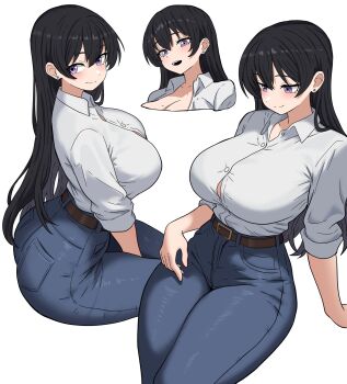 1girl arato_nagi arm_behind_back black_hair blue_pants breasts button_gap cleavage commentary_request denim dress_shirt earrings highres ishinabe_art jeans jewelry leaning_back long_hair looking_at_viewer multiple_views open_mouth pants purple_eyes ruri_no_houseki shirt simple_background sitting sleeves_rolled_up smile stud_earrings taut_clothes taut_pants thick_thighs thighs white_background white_shirt