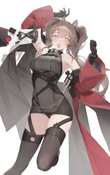 1girl absurdres angelina_(arknights) animal_ears arknights arknights:_endfield black_dress black_panties black_thighhighs blush breasts brown_hair coat dress gilberta_(arknights) hair_between_eyes highres infection_monitor_(arknights) kuroshiro_ti leg_up long_hair long_sleeves looking_at_viewer open_clothes open_coat open_mouth orange_eyes panties red_coat sidelocks simple_background sleeveless sleeveless_dress solo thighhighs underwear very_long_hair white_background